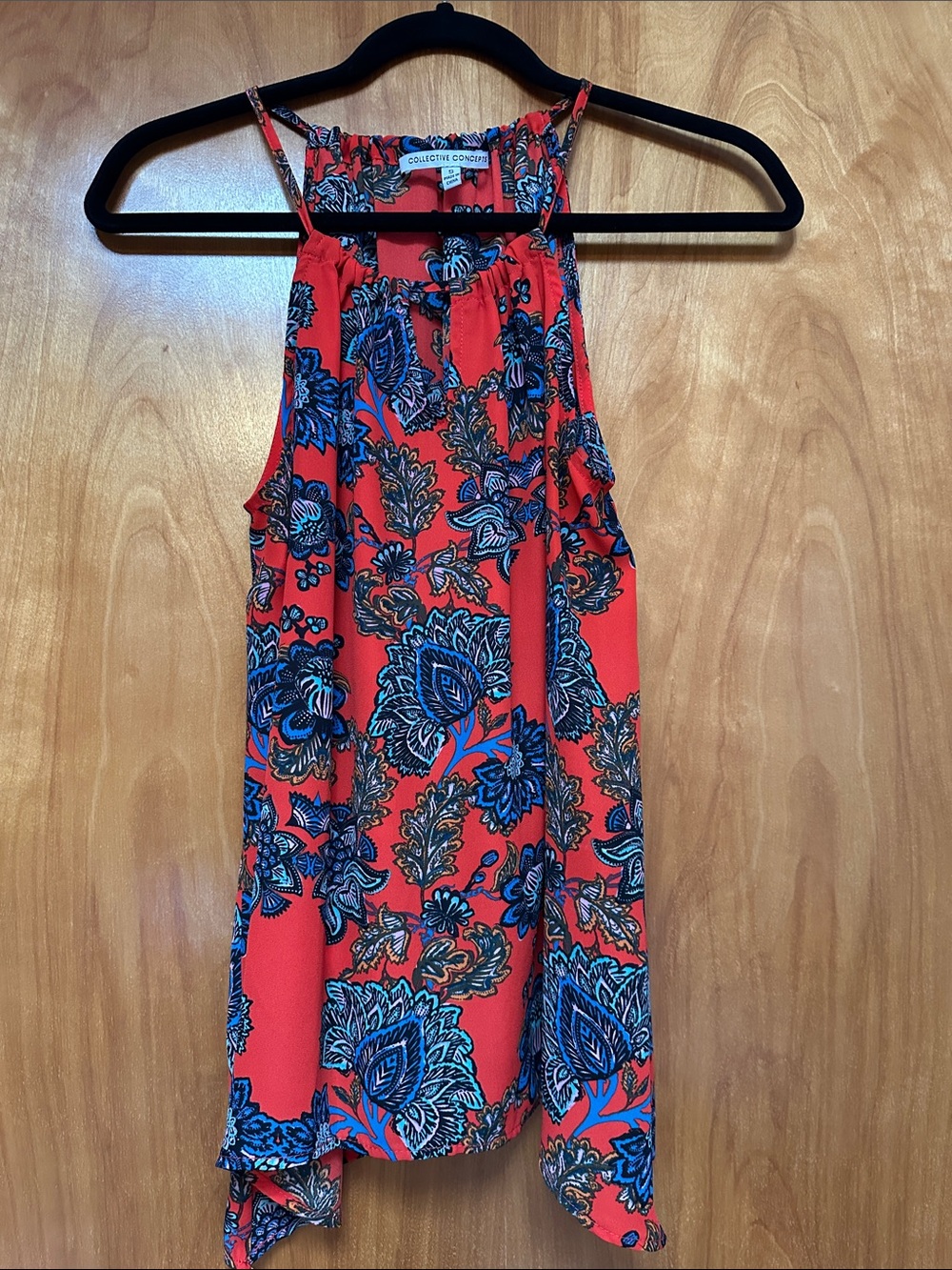 Collective Concepts Orange/Red Floral Halter Tank Top with Blue Accents